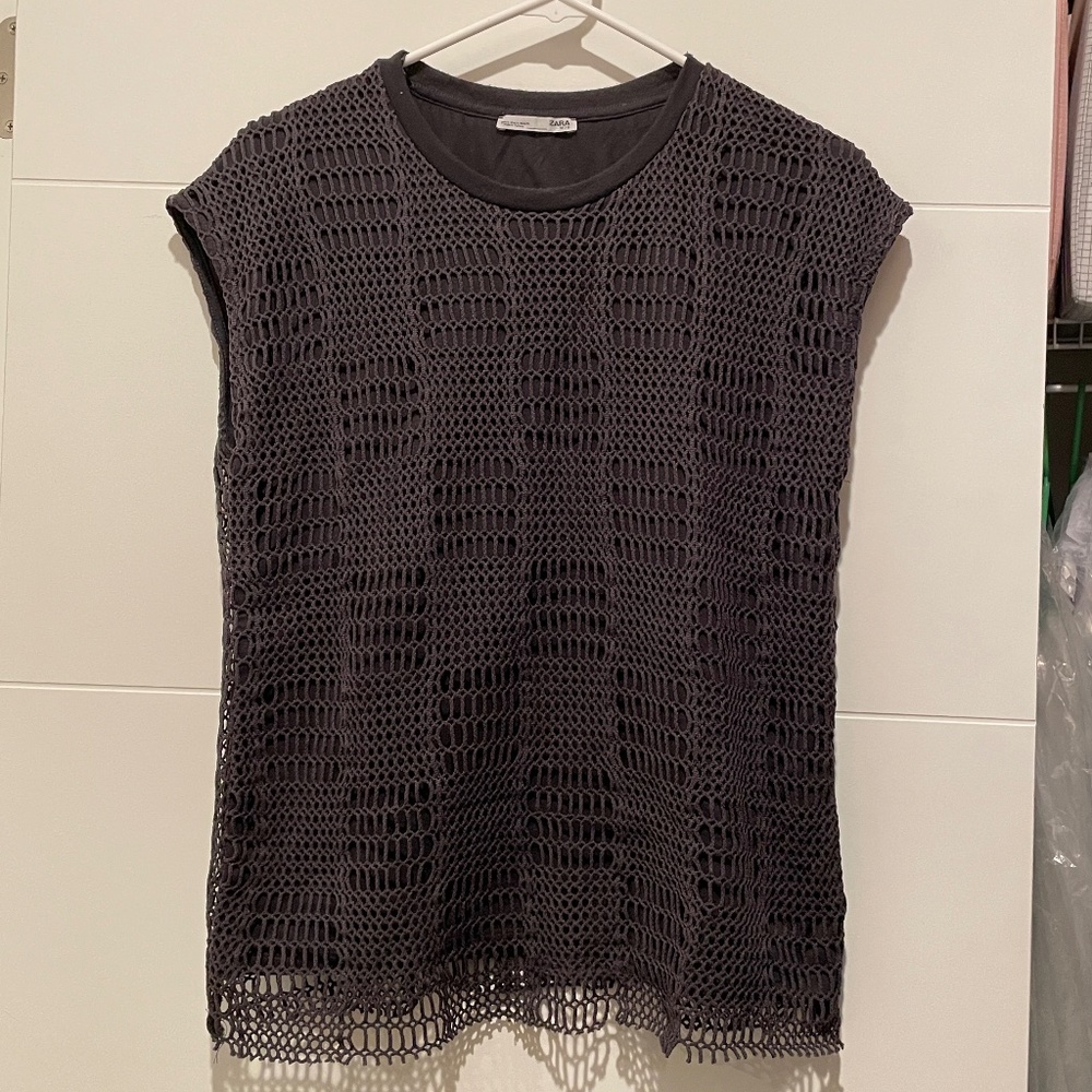 ZARA Fishnet Cap Sleeves Sleeveless shirt top t tee gray mod boho layers S SMALL